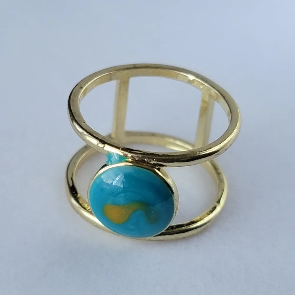 Turquoise and Gold Swirl Enamel Ring Gold Tone Size 6.5 Midi Ring